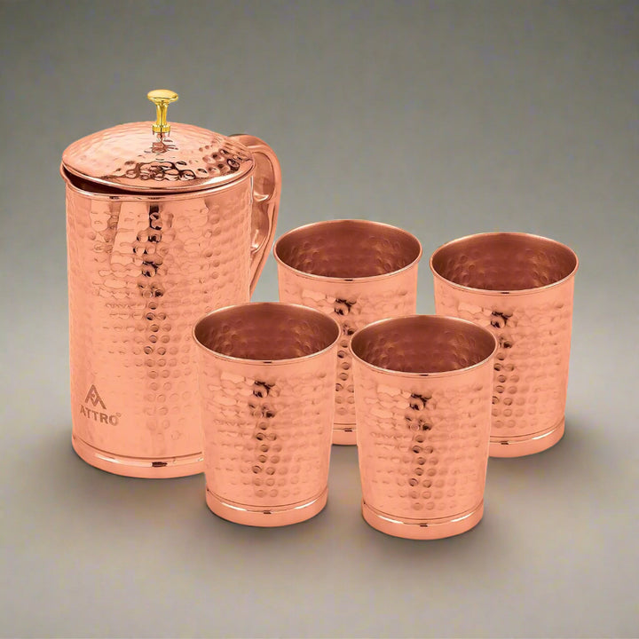 Attro Pure Copper Kumbh Jug 1.25L with Glass Set | Carving Finish