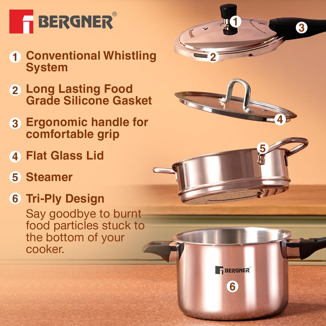 Bergner Tri-Max Triply Combo | 3L Pan, 5L Cooker, Steamer with Glass Lid