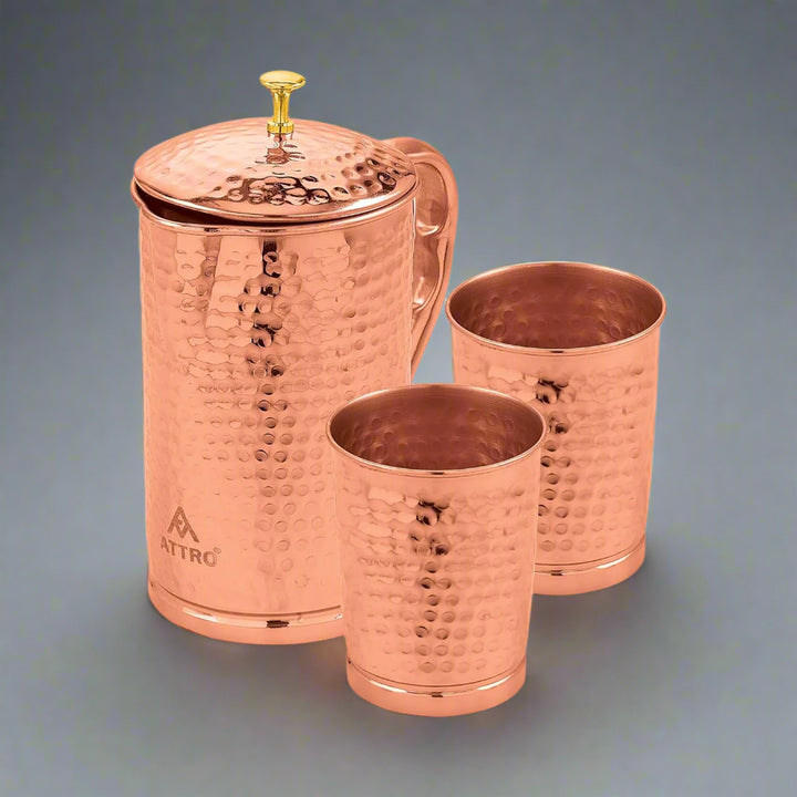 Attro Pure Copper Kumbh Jug 1.25L with Glass Set | Carving Finish