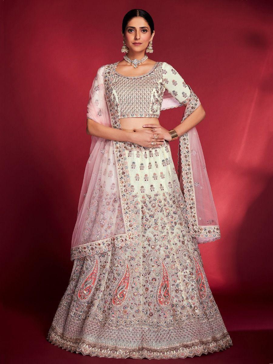 Timeless White Sequins Soft Silk Lehenga | Bridal Wear with Dupatta