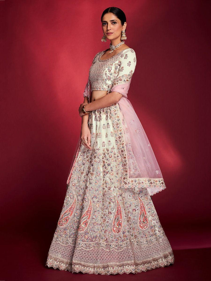 Timeless White Sequins Soft Silk Lehenga | Bridal Wear with Dupatta