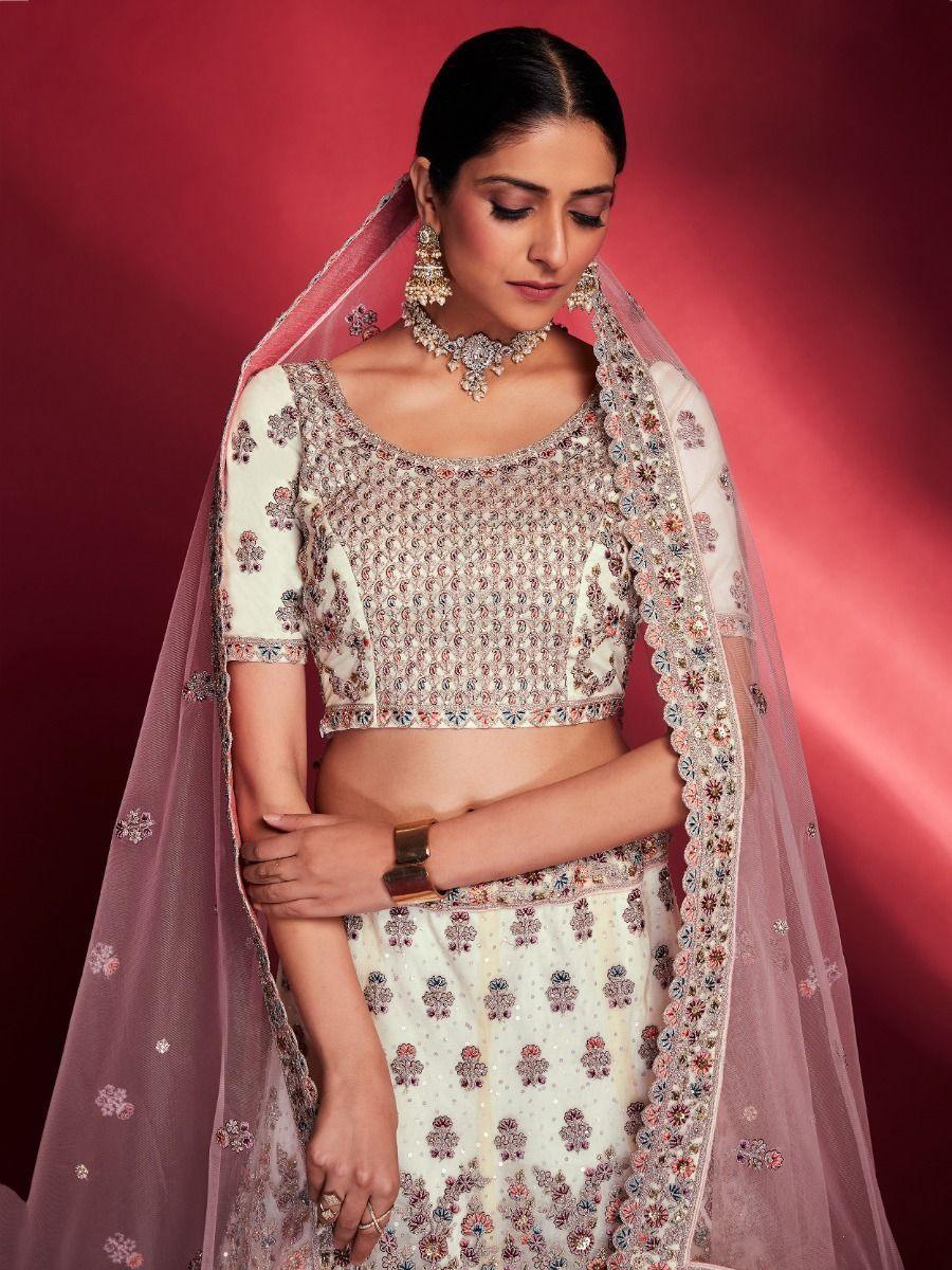 Timeless White Sequins Soft Silk Lehenga | Bridal Wear with Dupatta