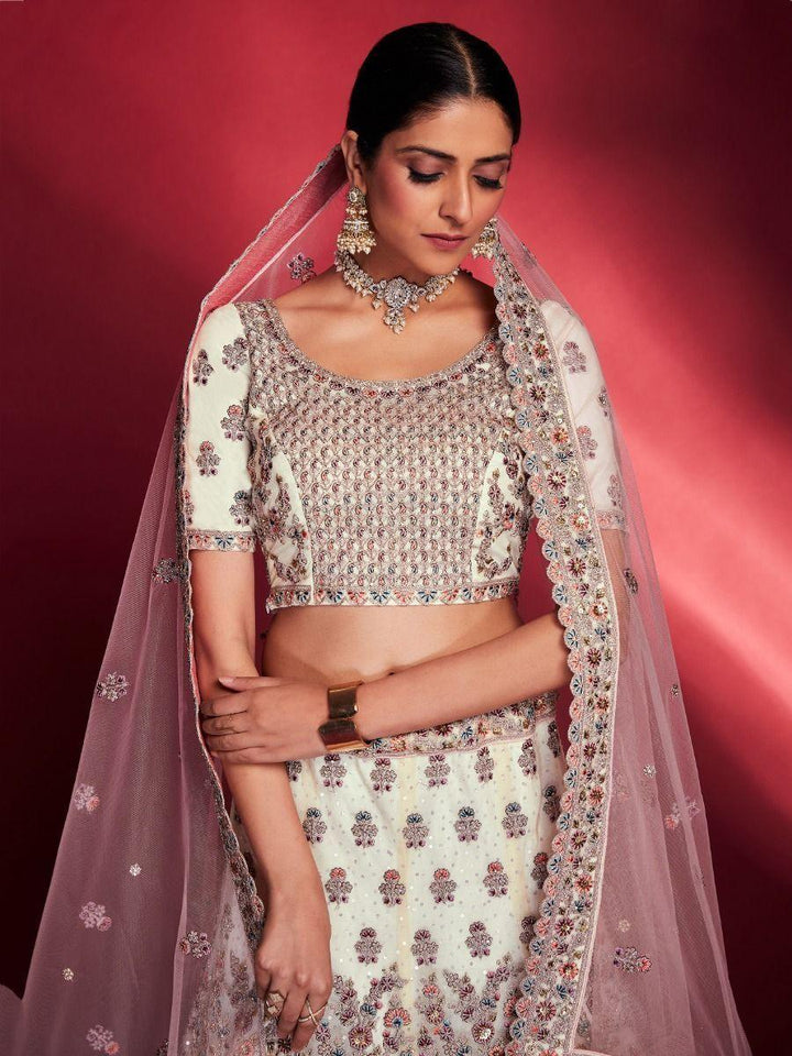 Timeless White Sequins Soft Silk Lehenga | Bridal Wear with Dupatta