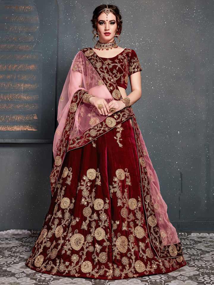 Alluring Maroon Dori Work Velvet | Bridal Lehenga Choli With Dupatta Luxury Wear