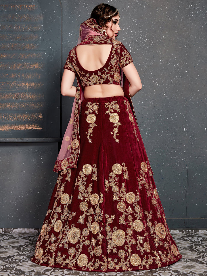 Alluring Maroon Dori Work Velvet | Bridal Lehenga Choli With Dupatta Luxury Wear