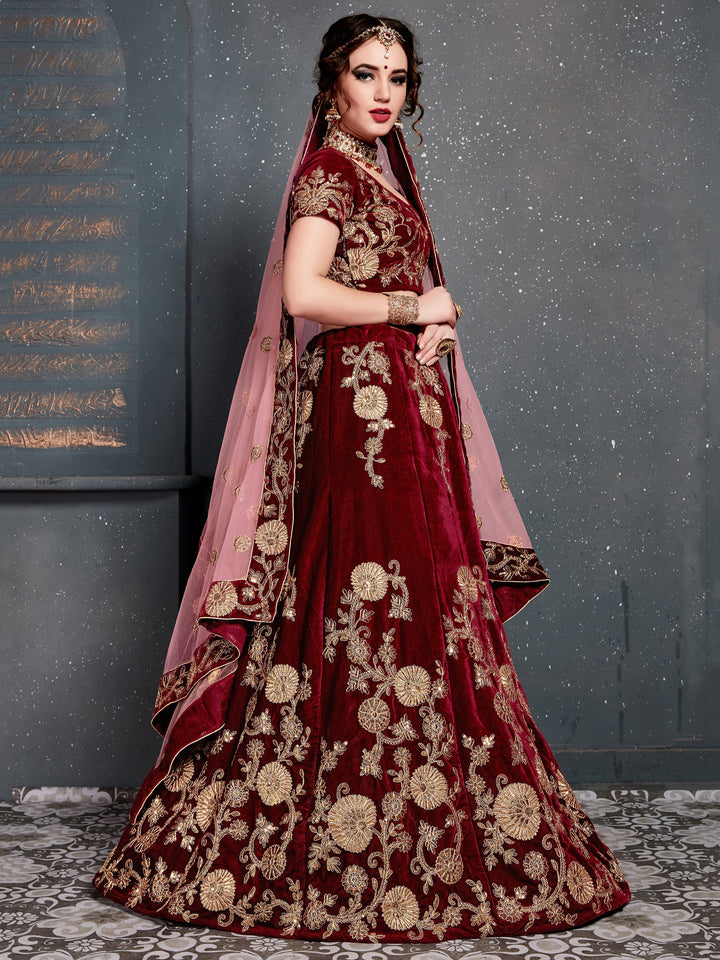 Alluring Maroon Dori Work Velvet | Bridal Lehenga Choli With Dupatta Luxury Wear