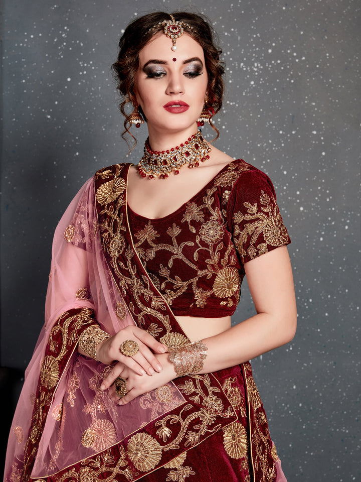 Alluring Maroon Dori Work Velvet | Bridal Lehenga Choli With Dupatta Luxury Wear