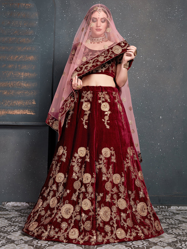 Alluring Maroon Dori Work Velvet | Bridal Lehenga Choli With Dupatta Luxury Wear