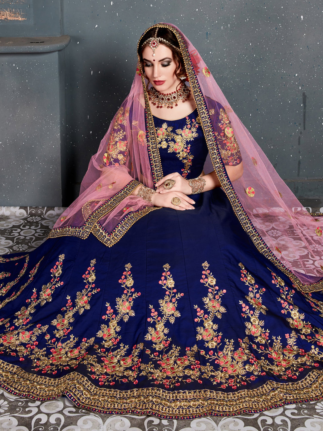 Adorable Navy Blue Floral Embroidered Velvet Wedding Lehenga Choli