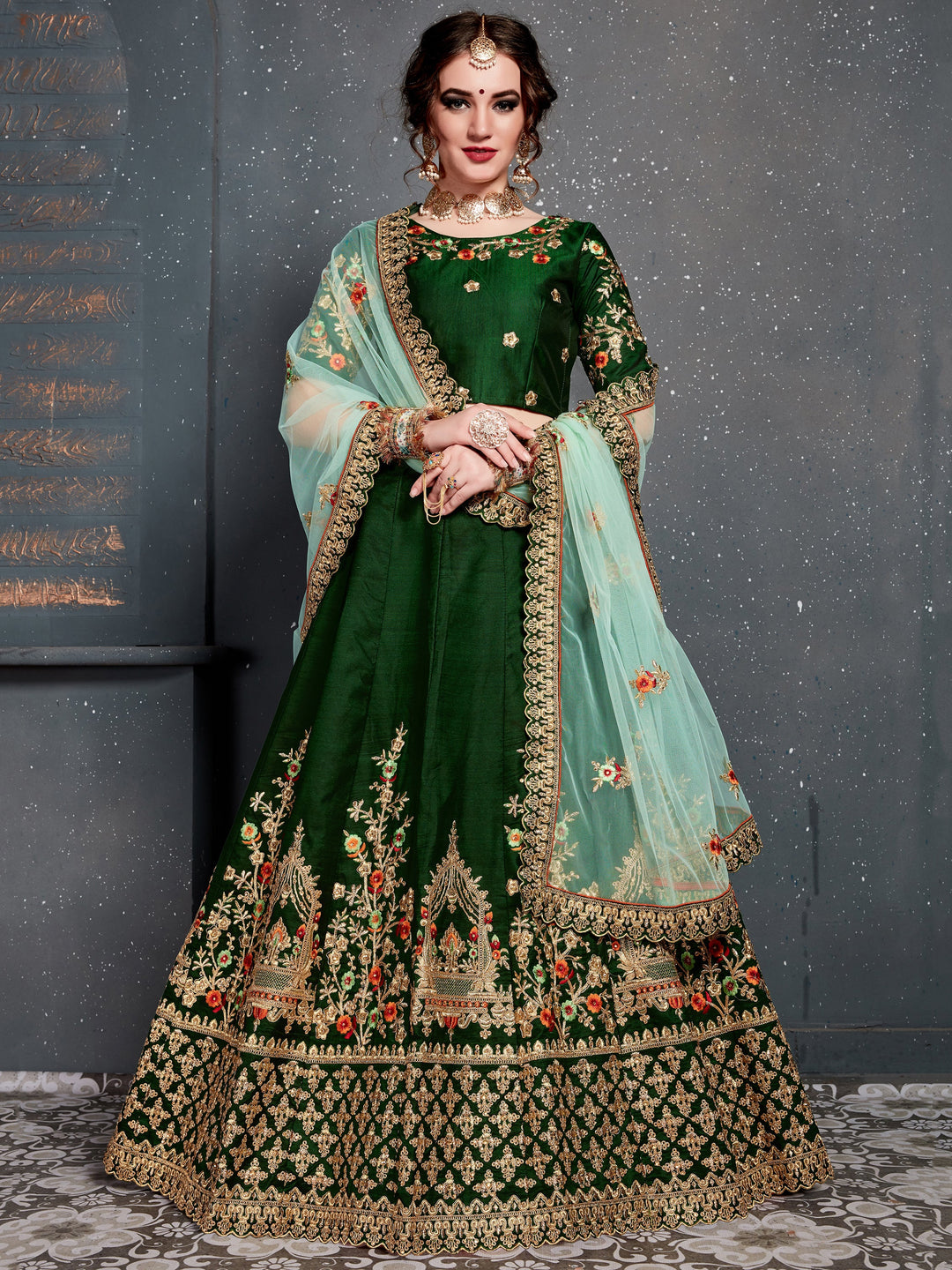Stunning Green Zari Embroidered Silk Lehenga Choli With Dupatta