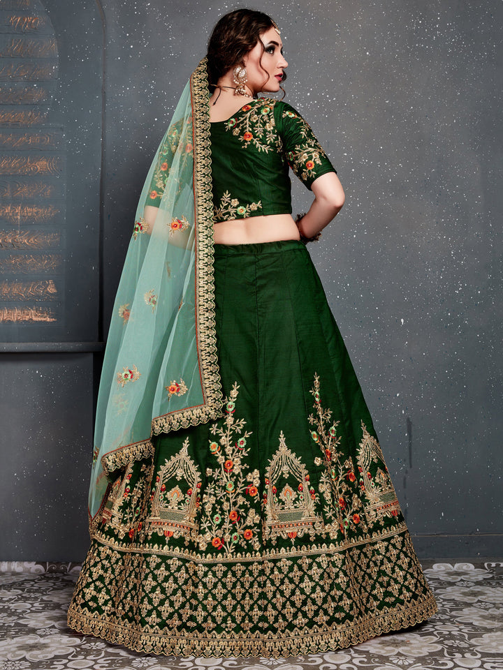 Stunning Green Zari Embroidered Silk Lehenga Choli With Dupatta