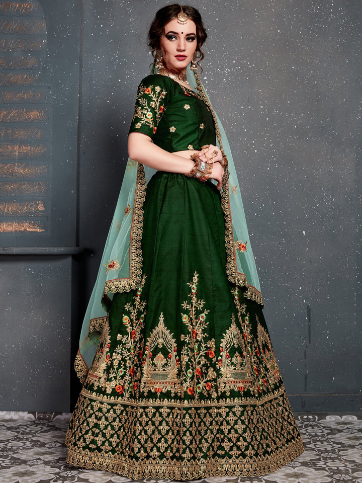 Stunning Green Zari Embroidered Silk Lehenga Choli With Dupatta