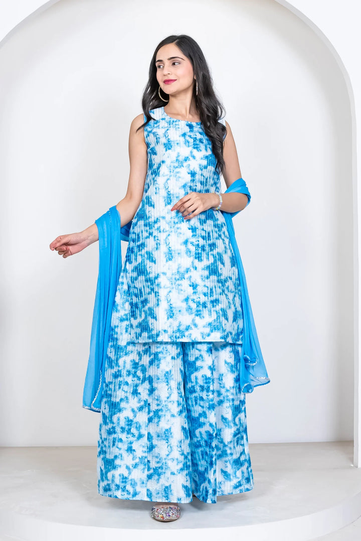 White & Blue Tie & Dye Printed Suit Set For Mom and Daughter Twin Set