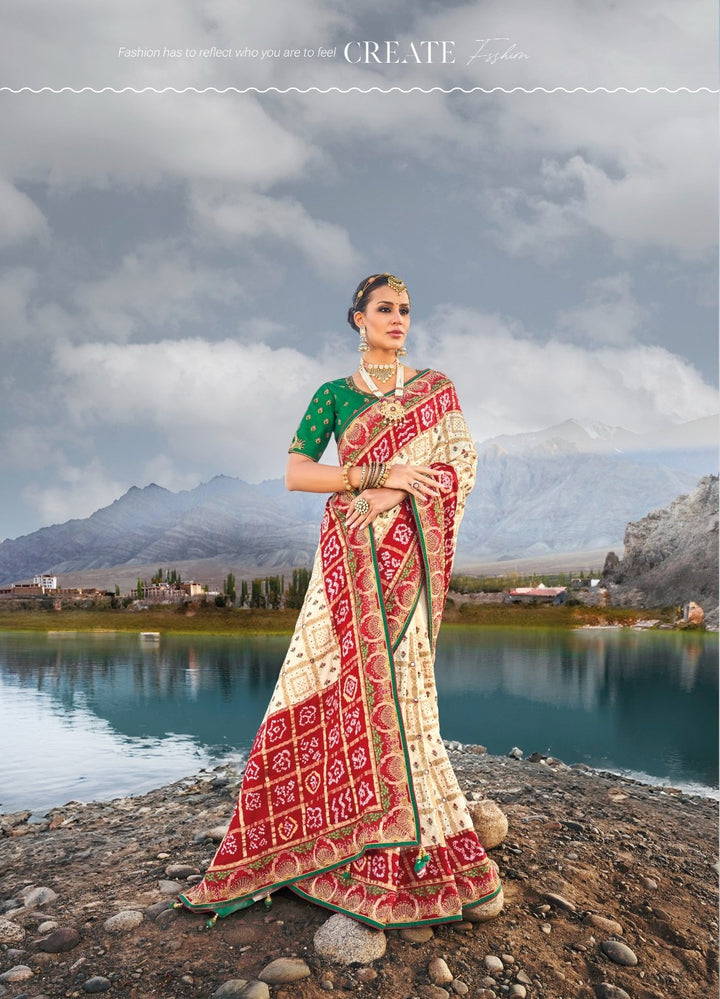 Shop Handcrafted Gajji Silk Saree with Mirrorwork in Red & Blue