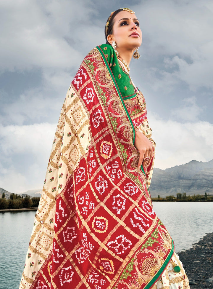 Shop Handcrafted Gajji Silk Saree with Mirrorwork in Red & Blue