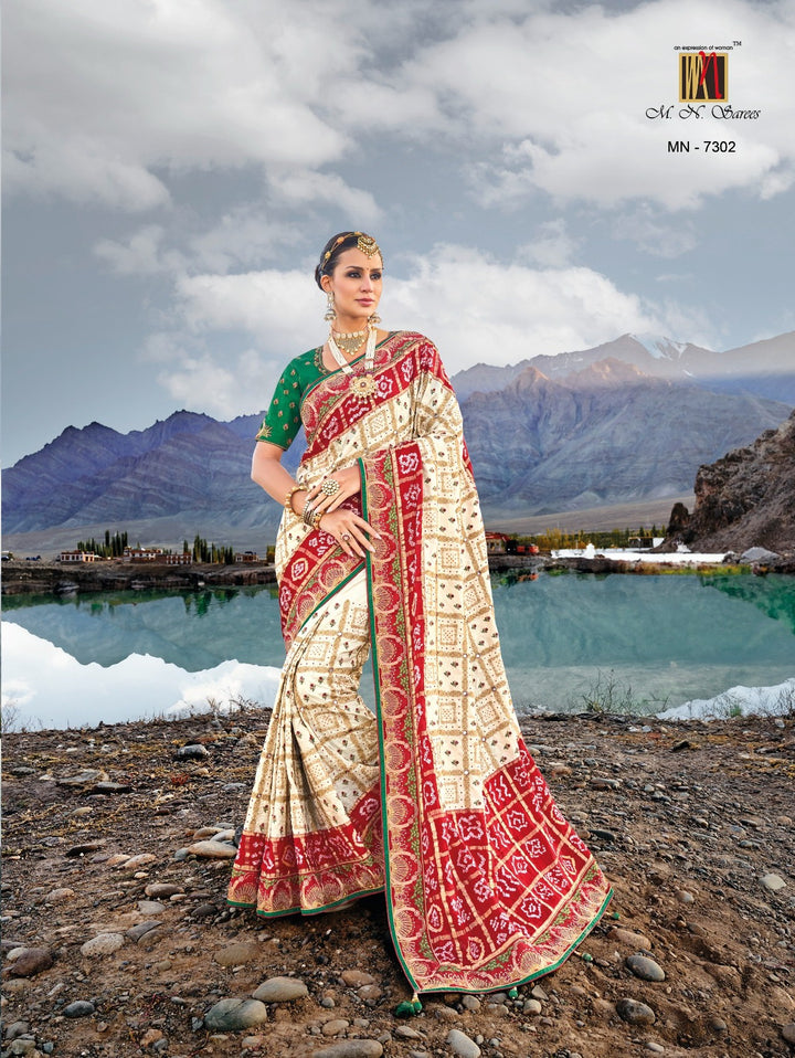 Shop Handcrafted Gajji Silk Saree with Mirrorwork in Red & Blue