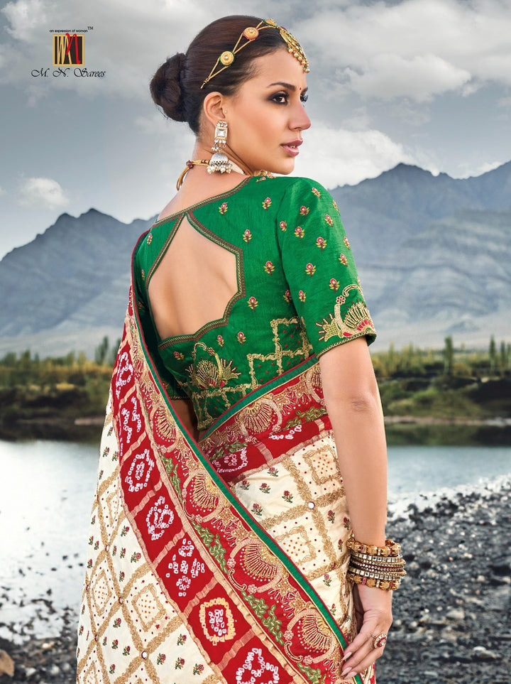 Shop Handcrafted Gajji Silk Saree with Mirrorwork in Red & Blue