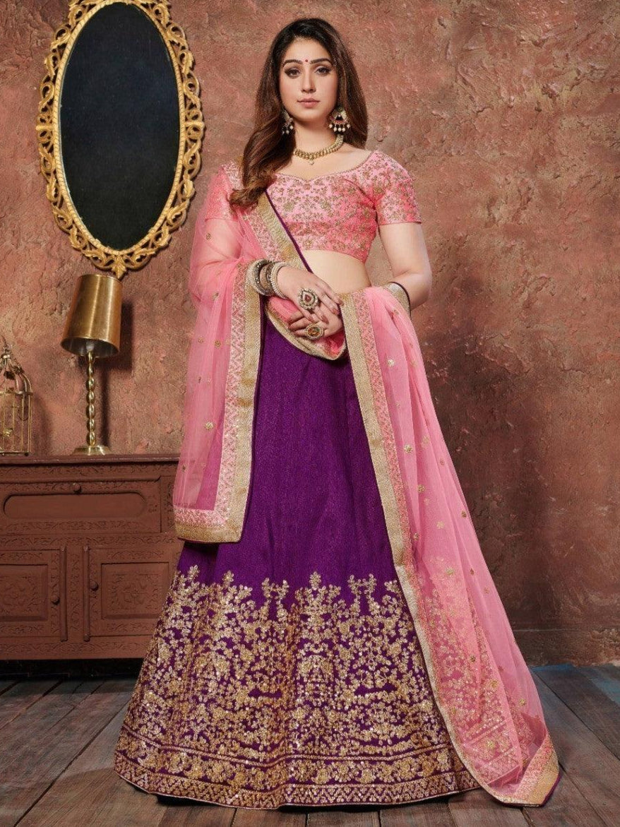 Purple mulberry silk lehenga with zari and sequins embroidery for weddings