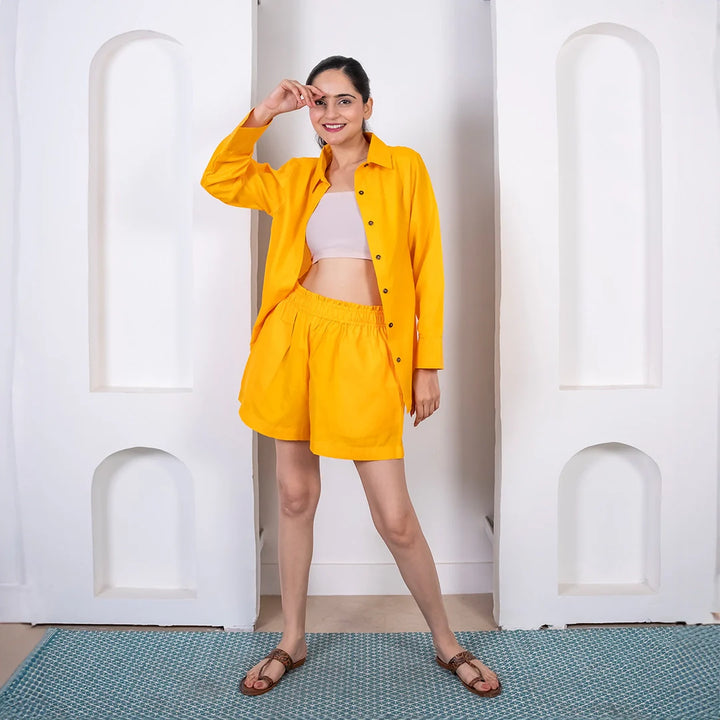 Mustard Cotton Shorts and Shirt Co-Ord Set for Women