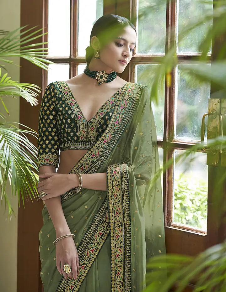 Olive Green Organza Saree | Dori, Sequins & Zari Work Saree