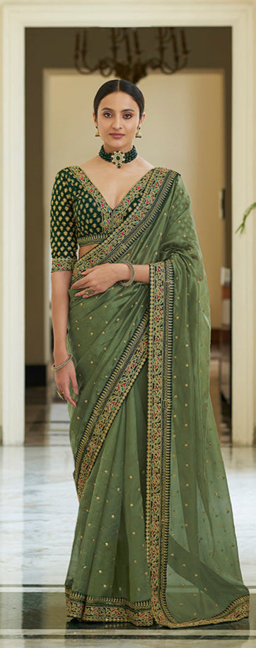 Olive Green Organza Saree | Dori, Sequins & Zari Work Saree