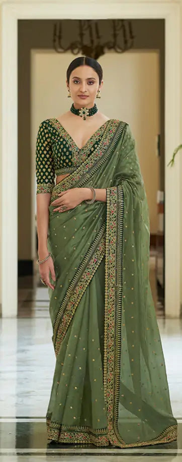 Olive Green Organza Saree | Dori, Sequins & Zari Work Saree