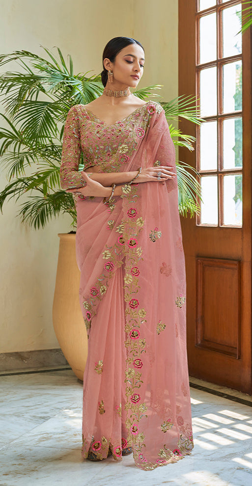 Organza Embroidered Saree | Dori, Sequins & Cut Work Saree
