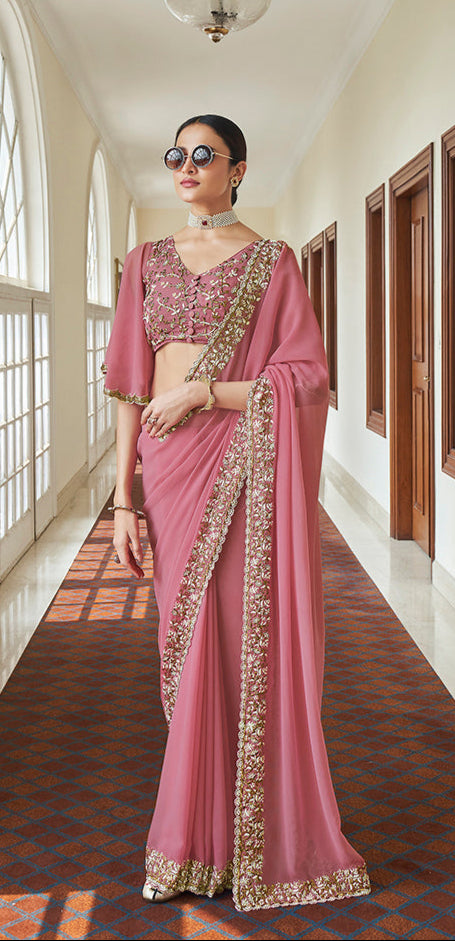 Elegant Pink Georgette Saree | Resham, Zari & Beads Work Designer Saree