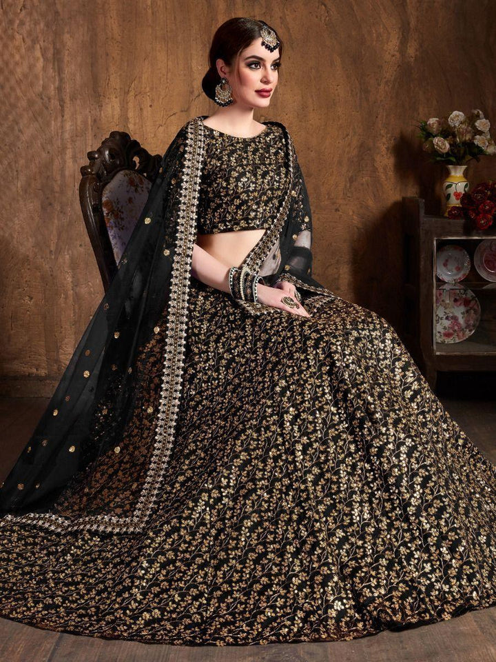 Black Sequins Raw Silk Lehenga Choli | Reception Wedding Wear