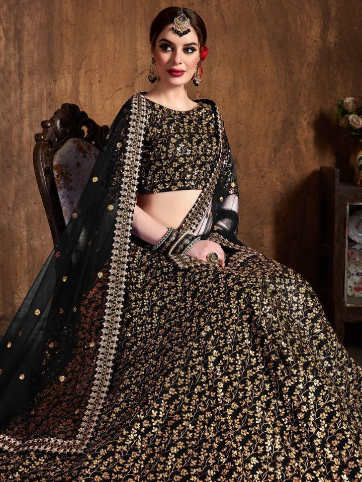 Black Sequins Raw Silk Lehenga Choli | Reception Wedding Wear