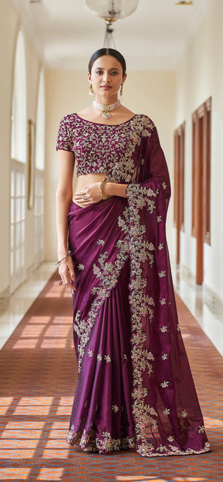 Purple Crape Saree | Dori, Resham & Cut-Work Designer Saree