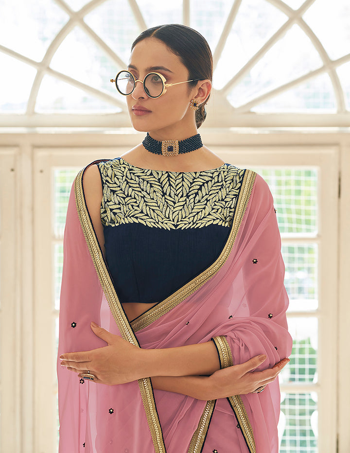 Hot Pink Georgette Saree | Embroidered Saree with Zari & Bead Work