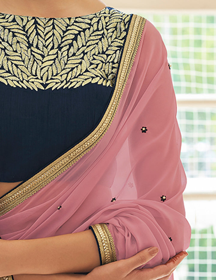 Hot Pink Georgette Saree | Embroidered Saree with Zari & Bead Work