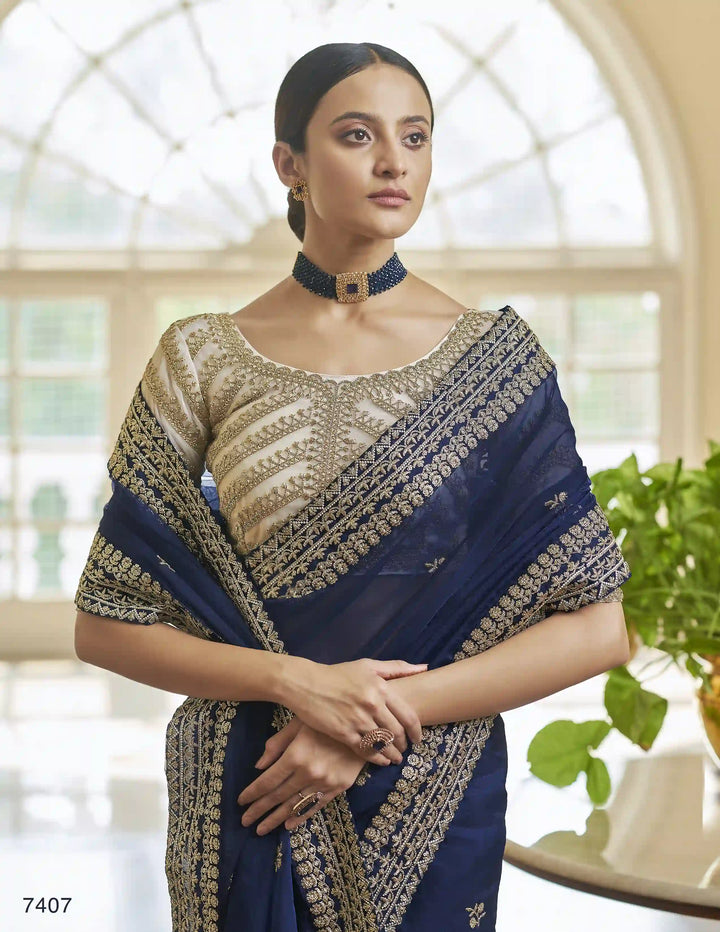 Navy Blue Organza Saree | Zari & Sequins Work with Heavy Blouse