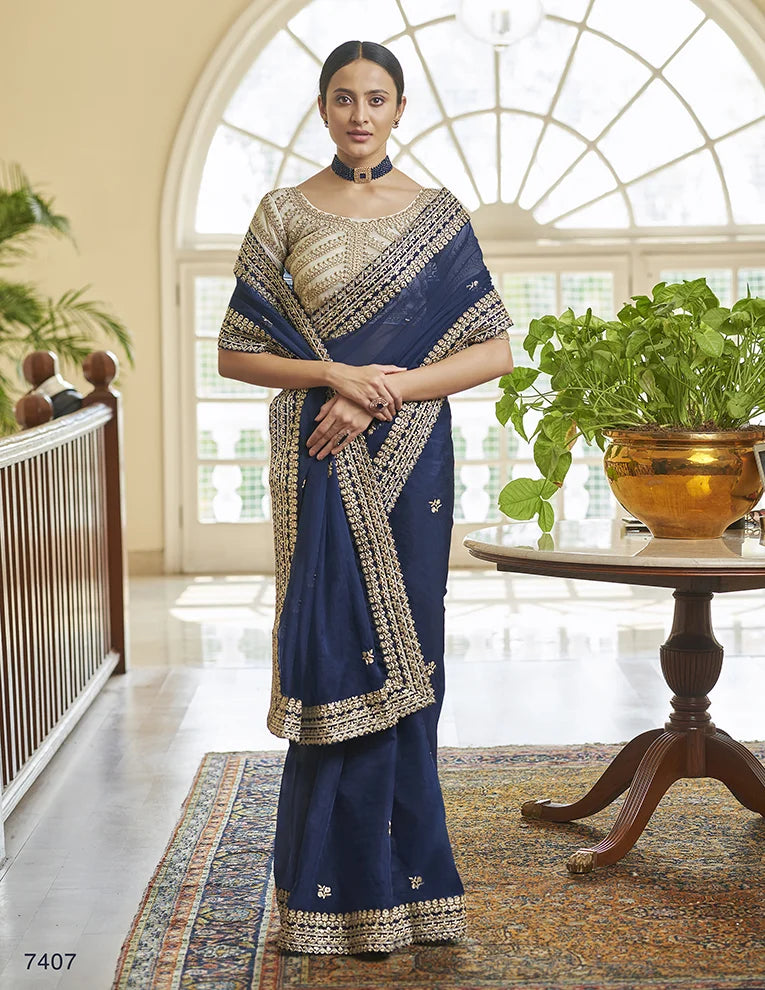 Navy Blue Organza Saree | Zari & Sequins Work with Heavy Blouse