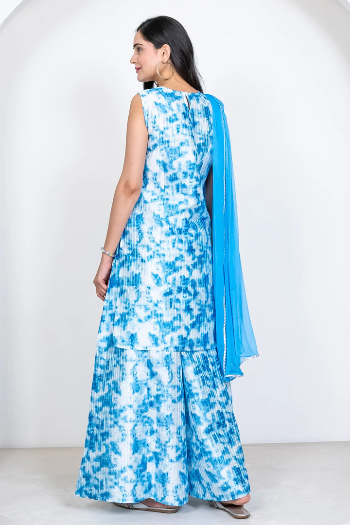 White & Blue Tie & Dye Printed Suit Set For Mom and Daughter Twin Set