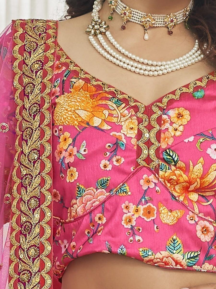 Semi-stitched deep pink lehenga choli, customizable up to 42 inches.