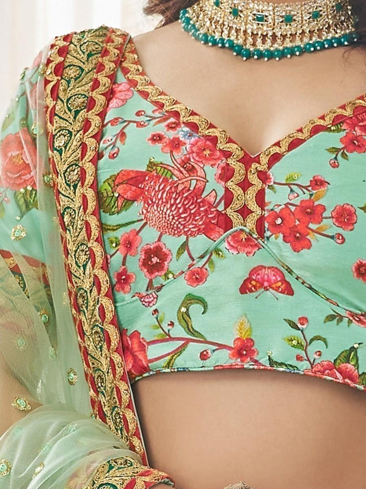 Semi-stitched mint green lehenga choli, customizable up to 42 inches.