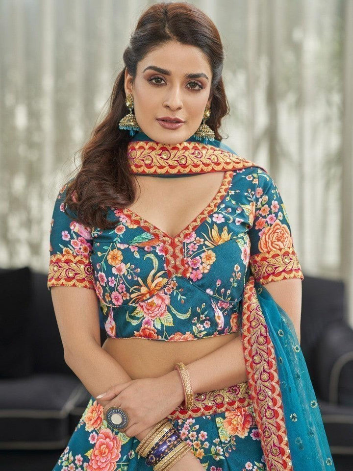 Traditional teal blue lehenga for women with dori work lace