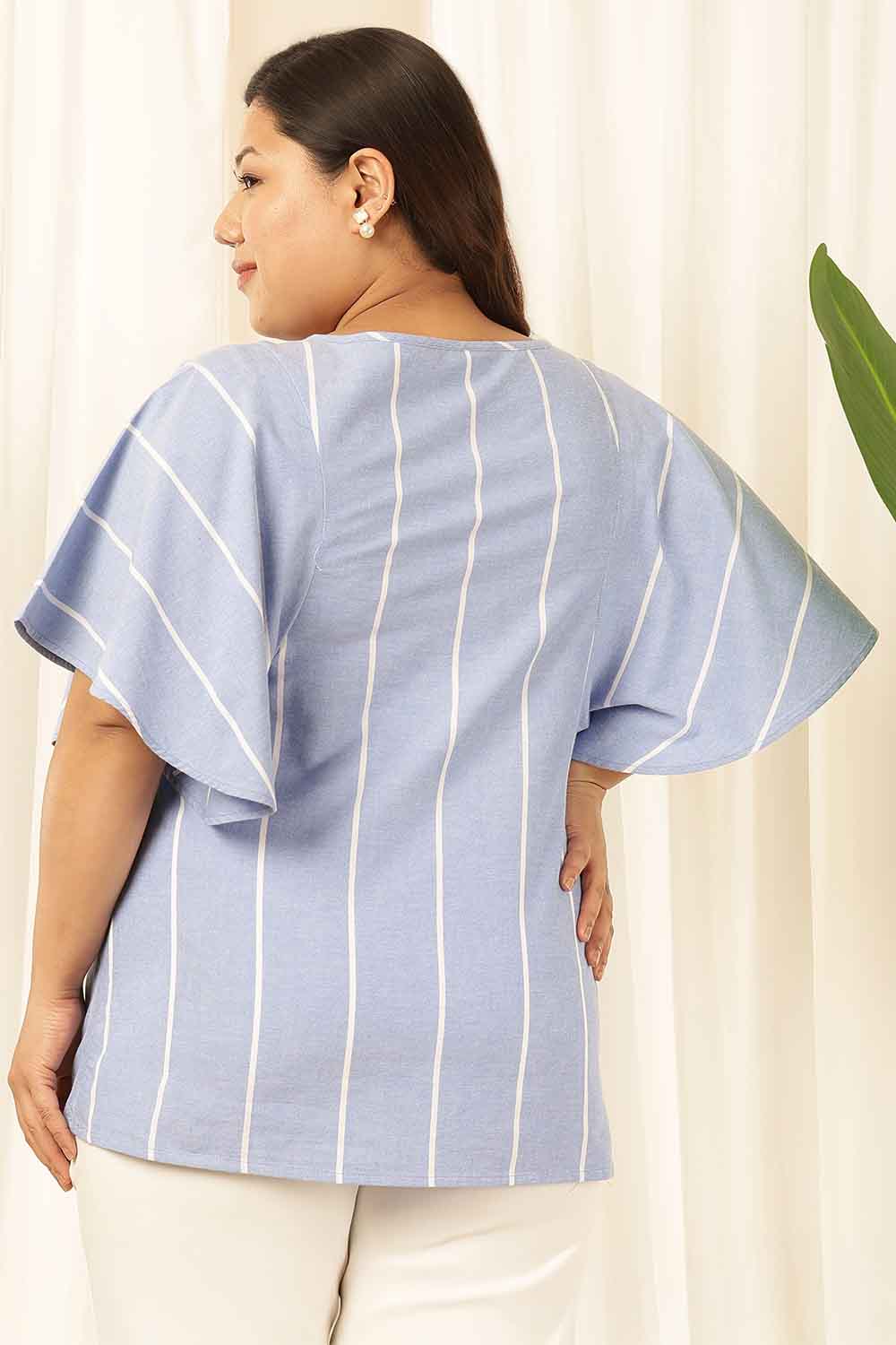Plus Size Blue Striped Chambray Flare Top