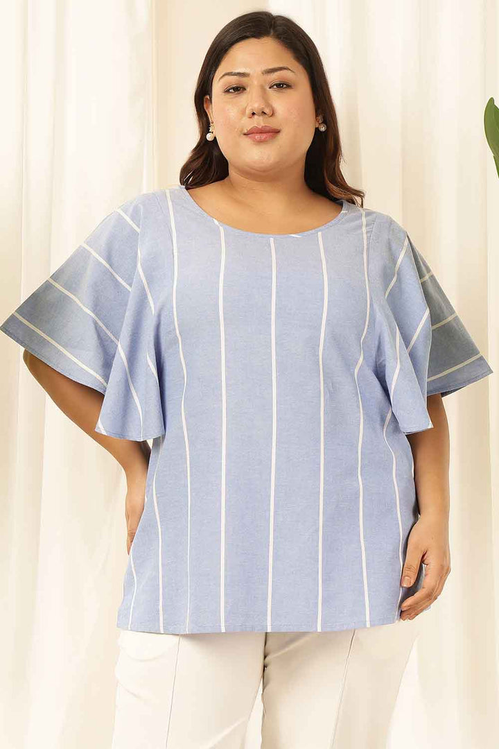 Plus Size Blue Striped Chambray Flare Top