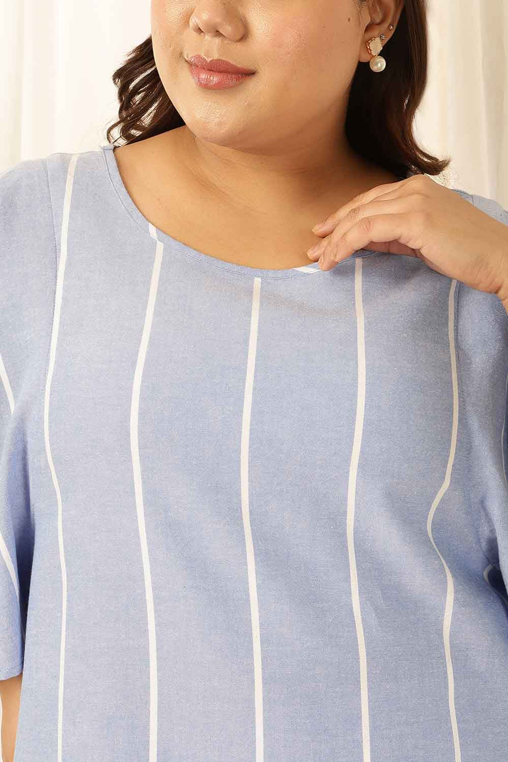 Plus Size Blue Striped Chambray Flare Top
