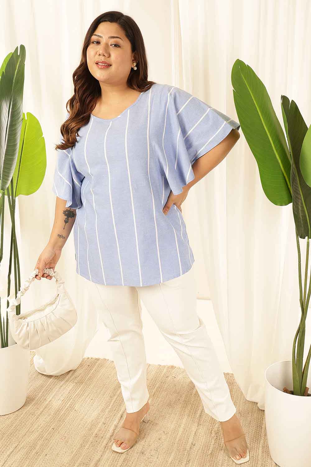 Plus Size Blue Striped Chambray Flare Top