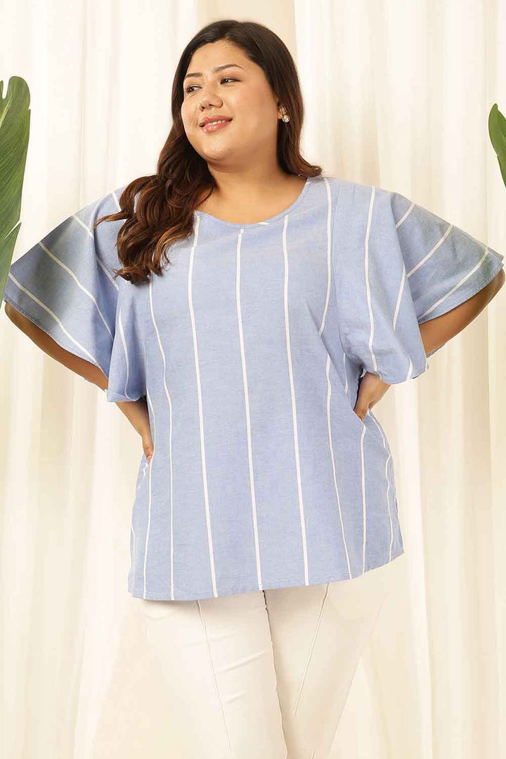 Plus Size Blue Striped Chambray Flare Top