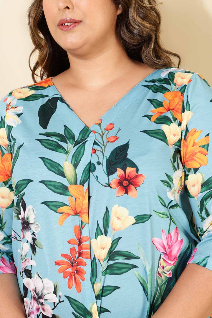 Plus Size Light Blue Floral Centre Pleat Top