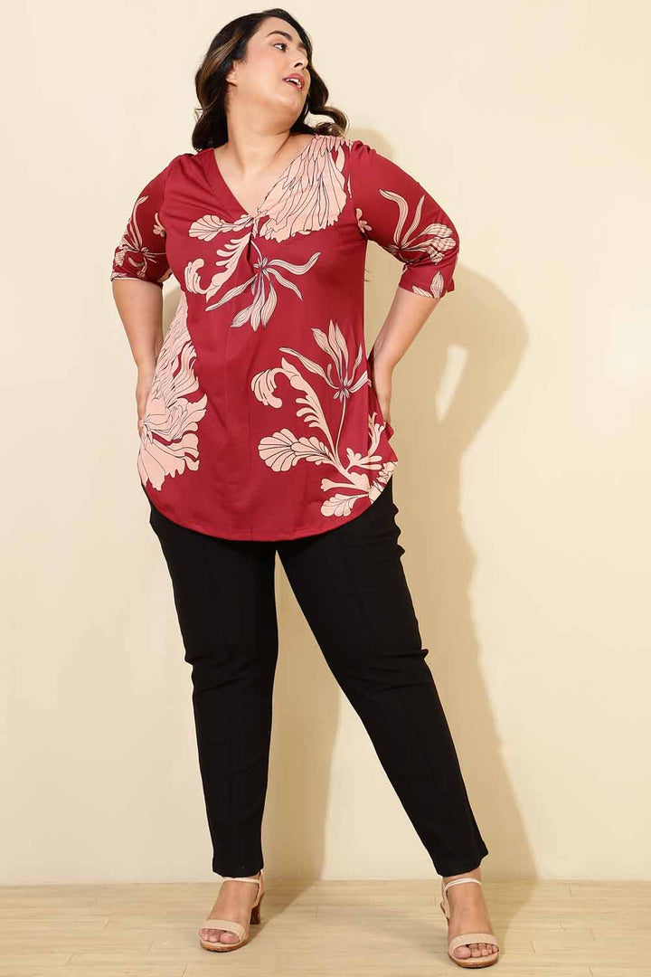 Plus Size Red White Tropical Print Centre Pleat Top