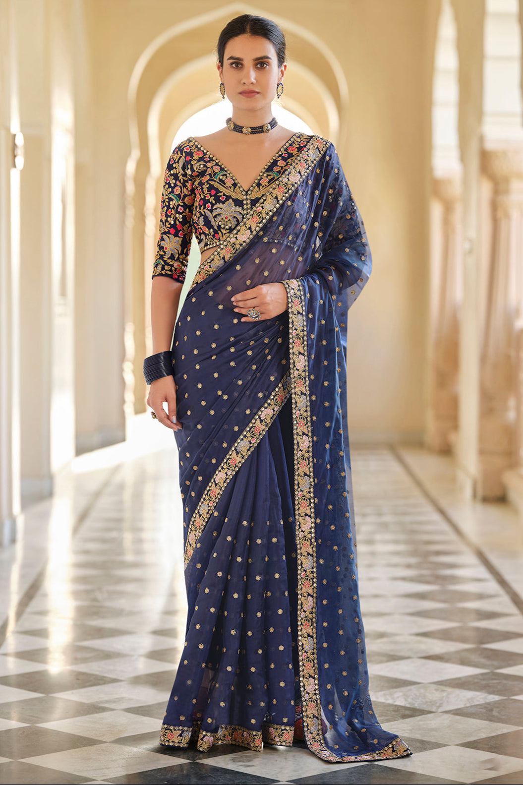 Elegant Dark Blue Saree | Embroidered Organza Saree with Blouse
