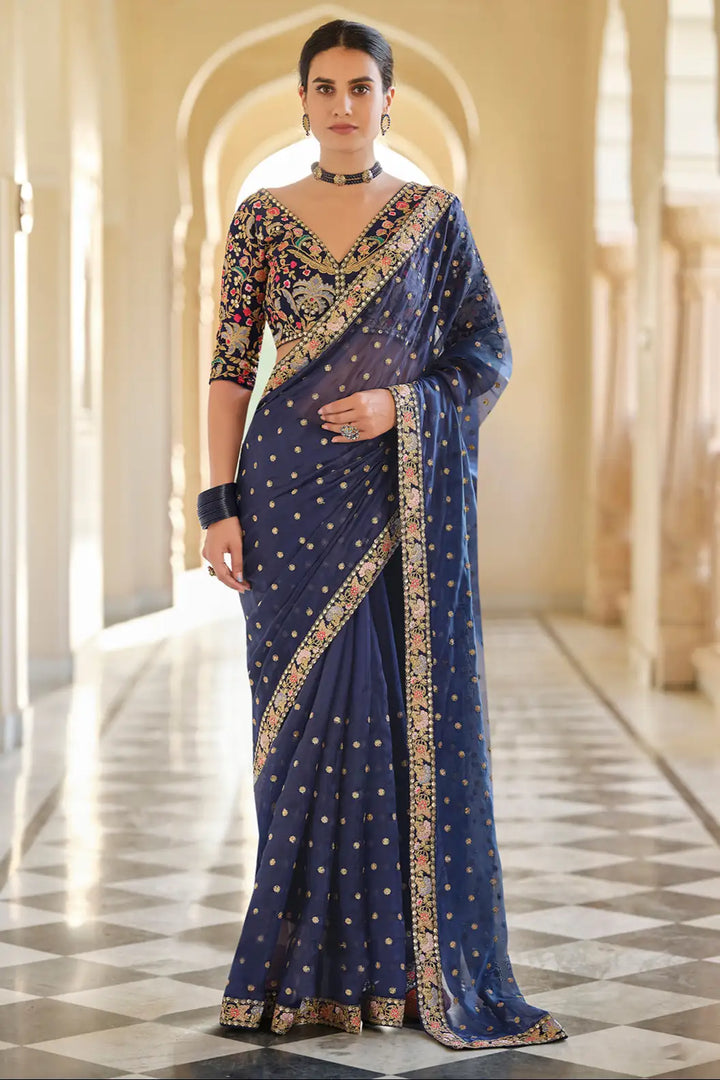 Elegant Dark Blue Saree | Embroidered Organza Saree with Blouse