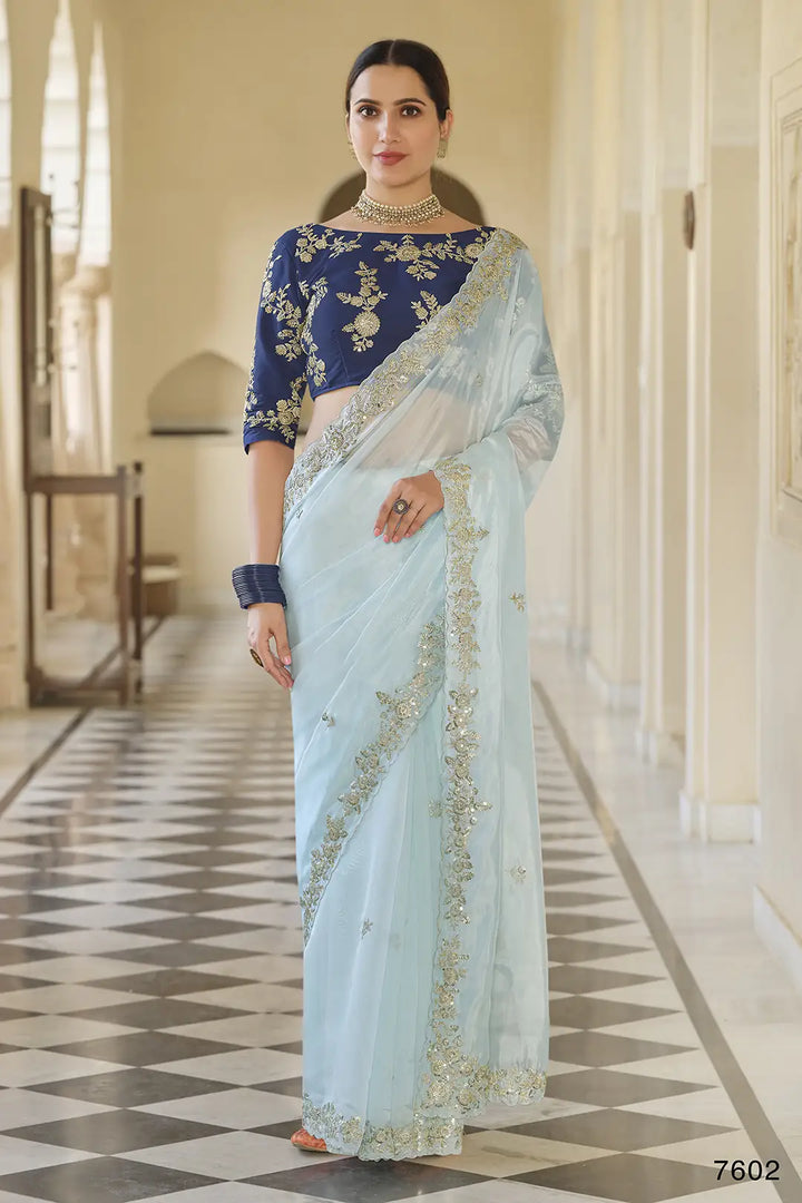 Elegant Light Blue Saree | Embroidered Organza Saree with Blouse