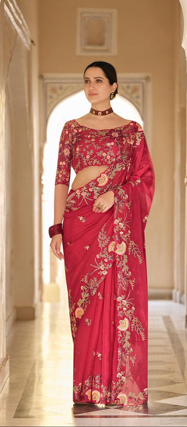 Elegant Organza Saree with Unstitched Blouse | Embroidered Saree